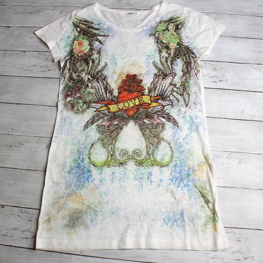 Vintage Womens Graphic T Shirt Top Size L Tattoo Art Heart Love Wings